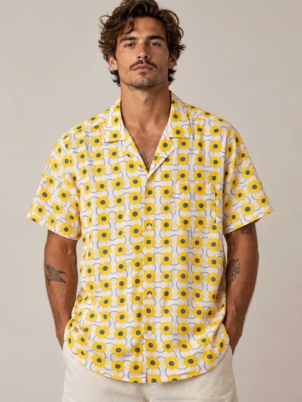 Bather Sunflower Traveler Shirt Size L Button Up Short Sleeve - Canadian Desiger